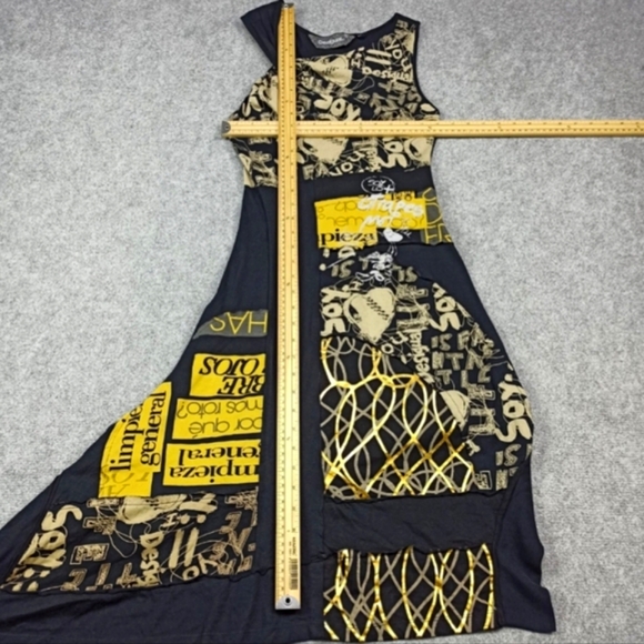 Desigual Dress Size L Cotton Jersey Black/Gold/Beige Asymmetric Sleeveless - Picture 9 of 10